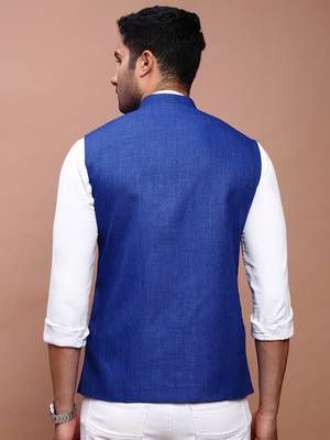 men's solid blue slim fit nehru jacket 4
