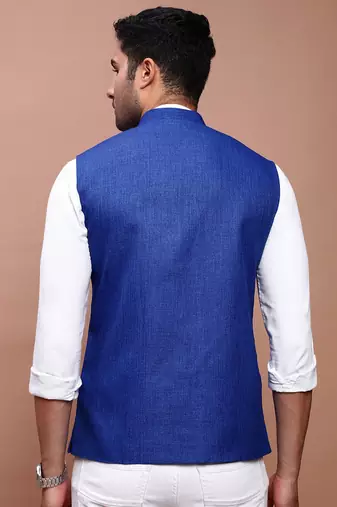 men's solid blue slim fit nehru jacket