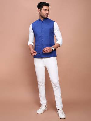men's solid blue slim fit nehru jacket 5
