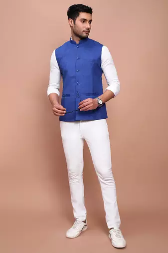 men's solid blue slim fit nehru jacket