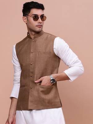 men's solid brown slim fit nehru jacket 1