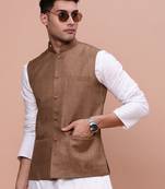 men's solid brown slim fit nehru jacket