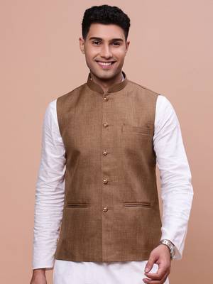 men's solid brown slim fit nehru jacket 2