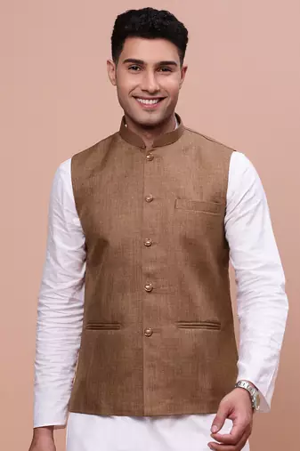 men's solid brown slim fit nehru jacket