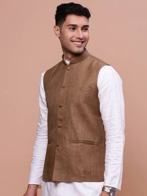 men's solid brown slim fit nehru jacket 3