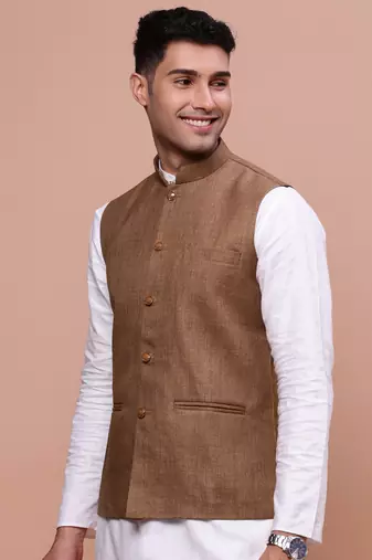 men's solid brown slim fit nehru jacket