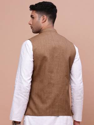 men's solid brown slim fit nehru jacket 4
