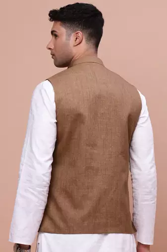 men's solid brown slim fit nehru jacket