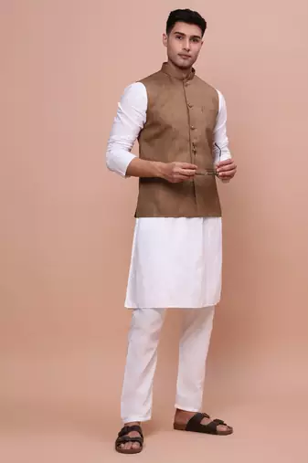 men's solid brown slim fit nehru jacket