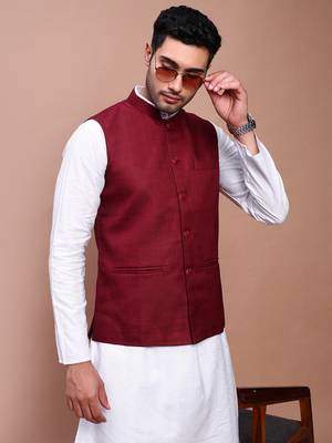 men's solid burgundy slim fit nehru jacket 1