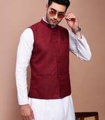men's solid burgundy slim fit nehru jacket