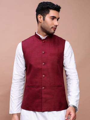 men's solid burgundy slim fit nehru jacket 2