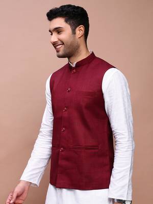 men's solid burgundy slim fit nehru jacket 3