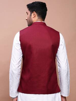 men's solid burgundy slim fit nehru jacket 4