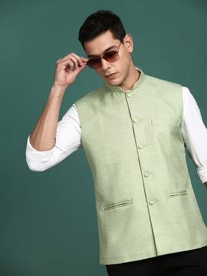 men's solid green slim fit nehru jacket 1