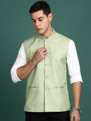 men's solid green slim fit nehru jacket 2
