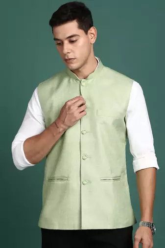 men's solid green slim fit nehru jacket