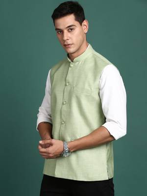 men's solid green slim fit nehru jacket 3