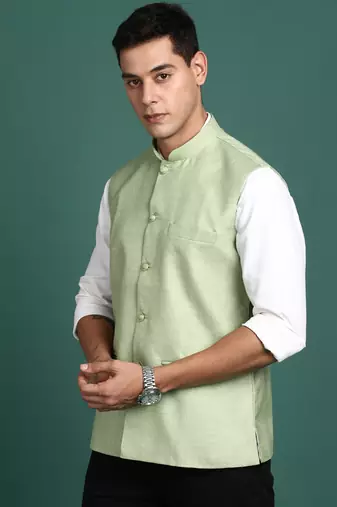 men's solid green slim fit nehru jacket