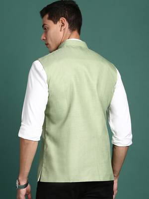 men's solid green slim fit nehru jacket 4