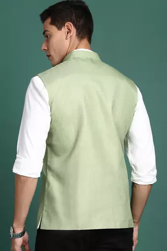men's solid green slim fit nehru jacket