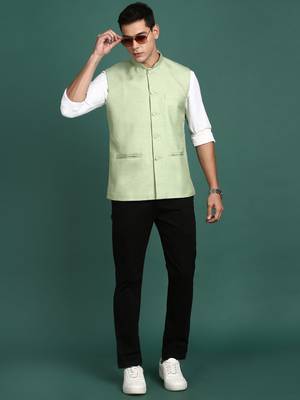 men's solid green slim fit nehru jacket 5