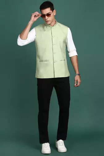 men's solid green slim fit nehru jacket