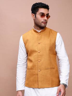 men's solid mustard slim fit nehru jacket 1
