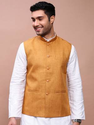 men's solid mustard slim fit nehru jacket 2