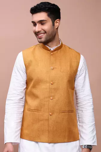 men's solid mustard slim fit nehru jacket