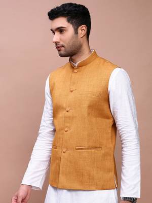 men's solid mustard slim fit nehru jacket 3