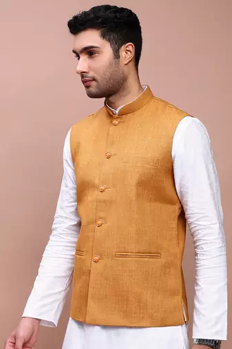 men's solid mustard slim fit nehru jacket