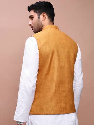 men's solid mustard slim fit nehru jacket 4