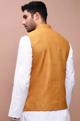 men's solid mustard slim fit nehru jacket