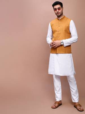 men's solid mustard slim fit nehru jacket 5