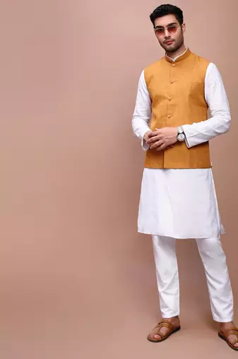 men's solid mustard slim fit nehru jacket
