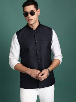men's solid navy blue slim fit nehru jacket 1
