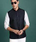 men's solid navy blue slim fit nehru jacket