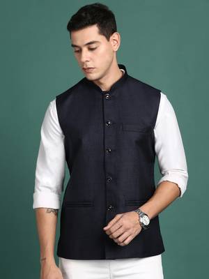 men's solid navy blue slim fit nehru jacket 2