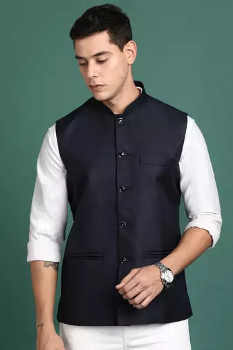 men's solid navy blue slim fit nehru jacket