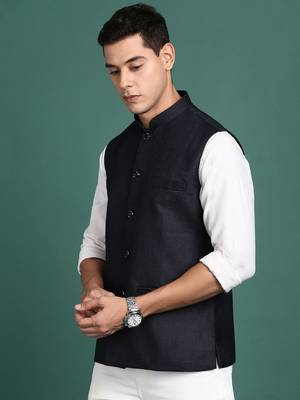 men's solid navy blue slim fit nehru jacket 3