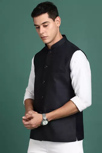 men's solid navy blue slim fit nehru jacket