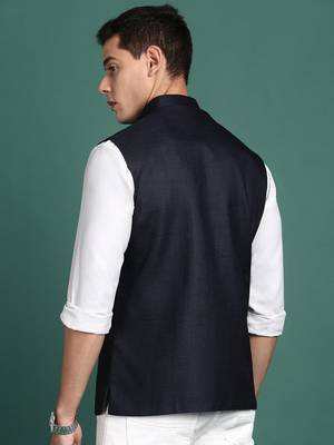 men's solid navy blue slim fit nehru jacket 4