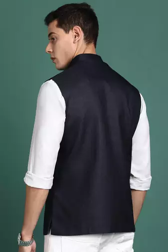 men's solid navy blue slim fit nehru jacket