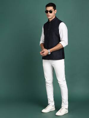 men's solid navy blue slim fit nehru jacket 5