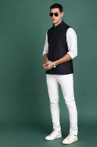 men's solid navy blue slim fit nehru jacket