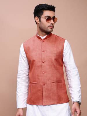 men's solid orange slim fit nehru jacket 1