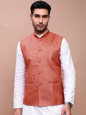 men's solid orange slim fit nehru jacket 2