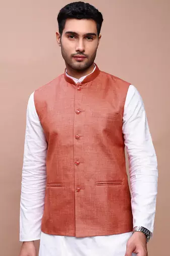 men's solid orange slim fit nehru jacket