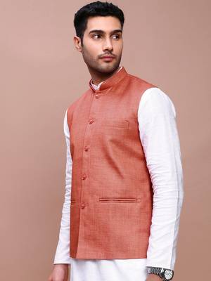 men's solid orange slim fit nehru jacket 3